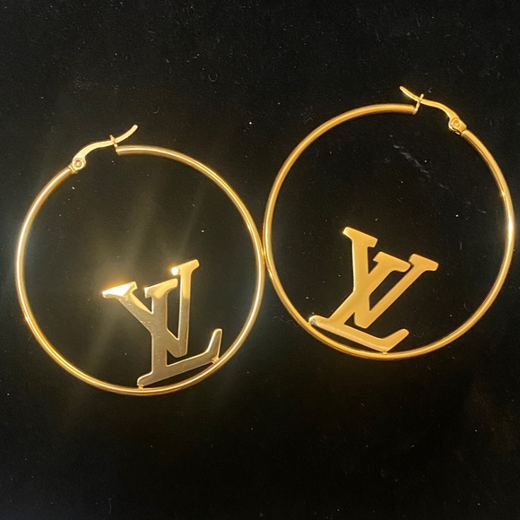 Gold Hoop Earrings with LV Logo - Picture 1 of 3